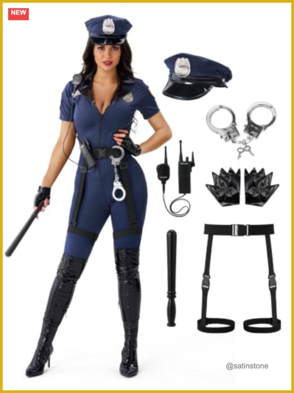 Women's Police Officer Costume Set Jumpsuit Gloves Hat Halloween Cosplay